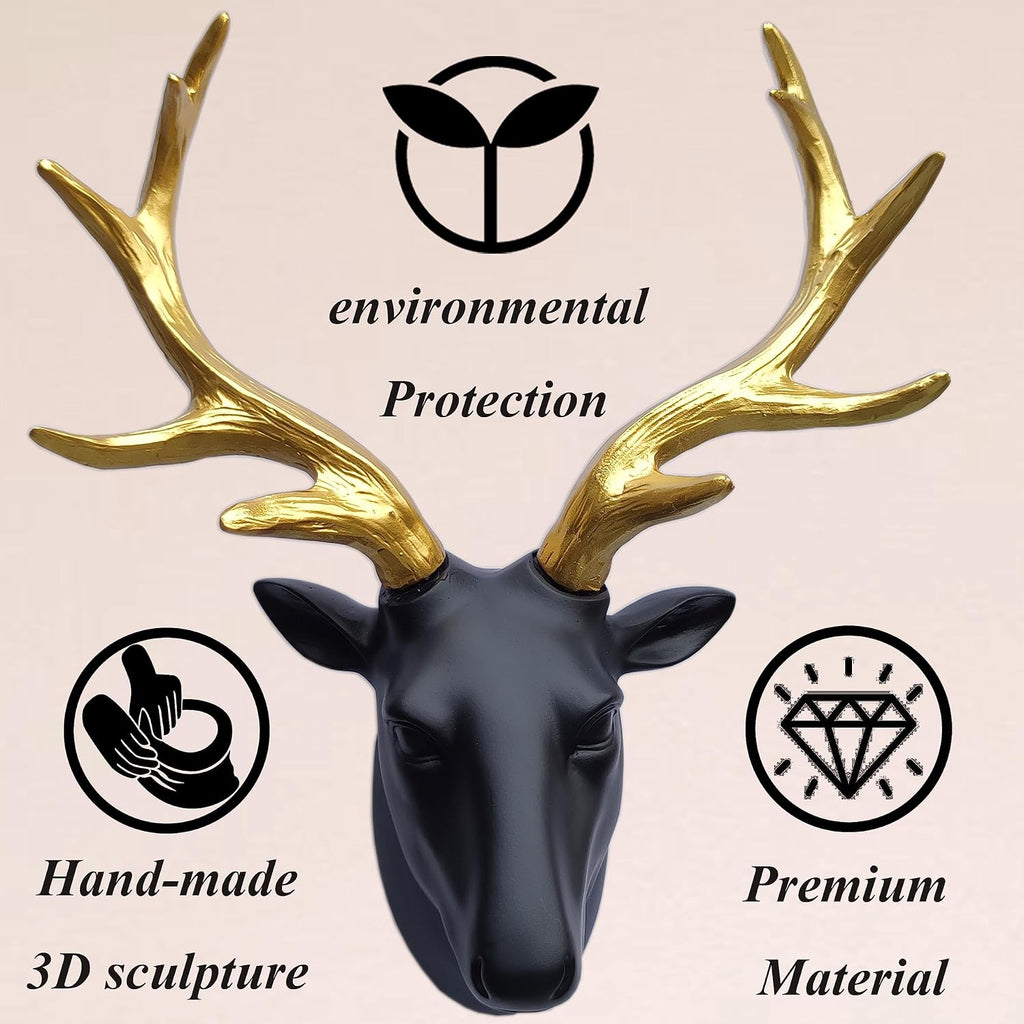 Deer Head Wall Decor-Wall Sculpture Resin Deer Head Gold Antler Faux Skull-Handmade Wall Art Hanging Rustic Animal