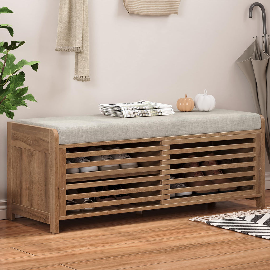 Shoe Storage Bench with Cushion, 2-Tier Entryway Bench with Sliding Shutter Doors, Farmhouse Style, 43.3" W x 15.4"