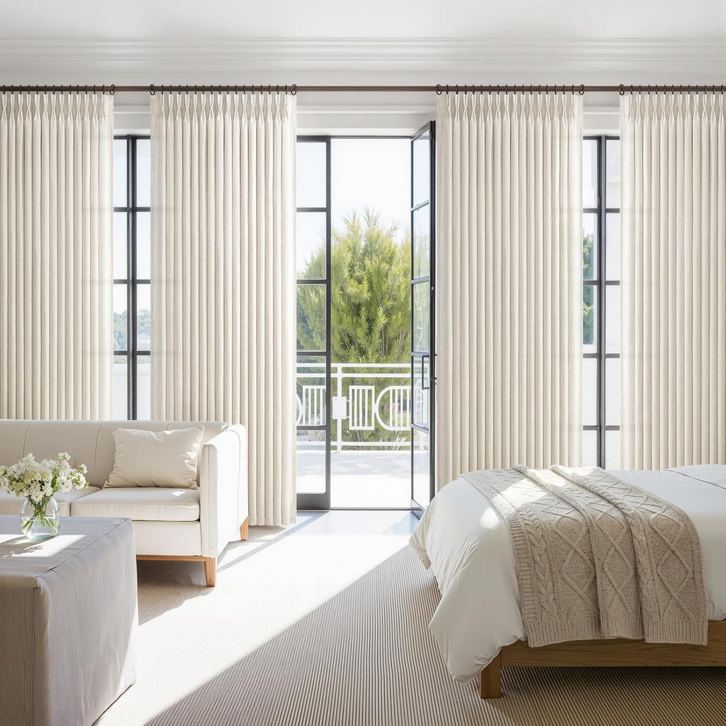 Pinch Pleated Linen Viral Curtains 4 Panels Set for Living Room 96 Inches Long, Birch Memory Trained Pleat Light