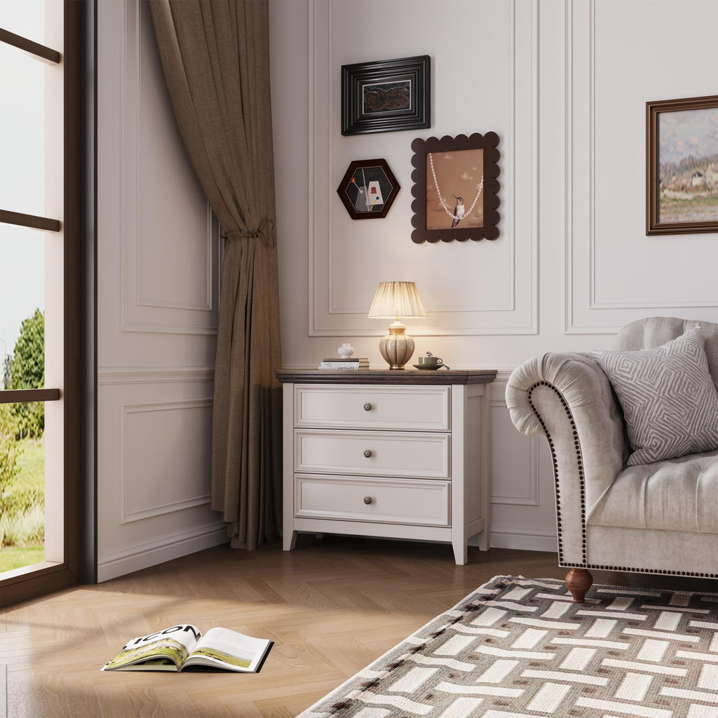Farmhouse 3-Drawer - 31.5" Wide 3 Chest of Drawers Storage Cabinet as Nightstand or Bedside (Antique White & Brown)