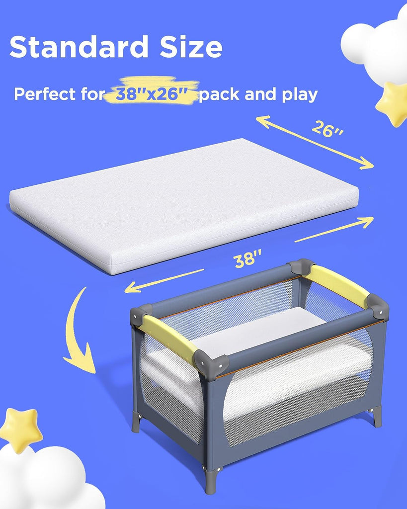 Pack and Play Mattress (38"x26"x1.5'') Certified, Hypoallergenic Dual-Sided Portable Crib Mattress Pad for Play Pen