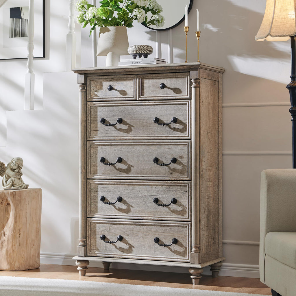 Farmhouse 6-Drawer Dresser with Solid Wood Feet, Light Rustic Oak