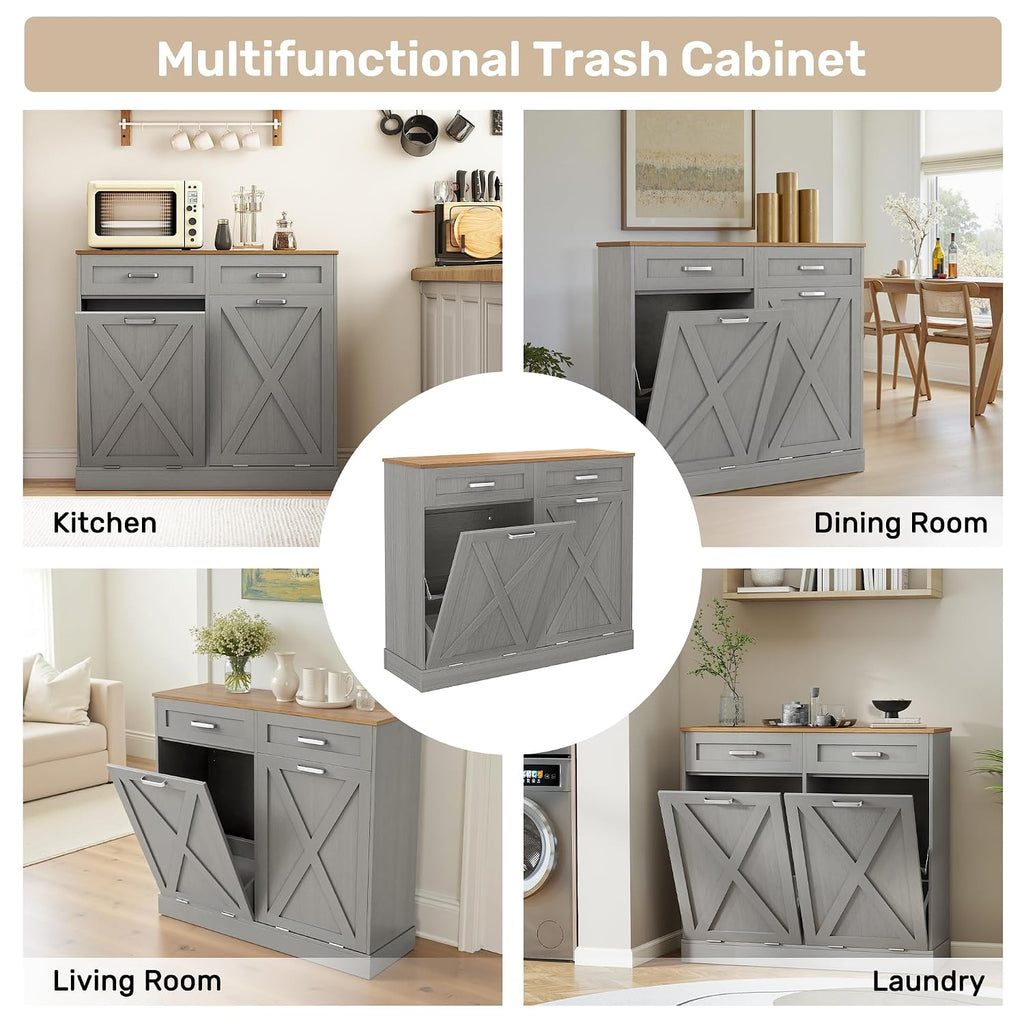 Double Tilt Out Trash Can Cabinet, 2 x 10 Gallons Hidden Garbage Recycling Cabinet with Hideaway Drawers Pet Proof