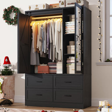 Farmhouse 3-Door Armoire Closet w/Mirror & LED, Vintage Black