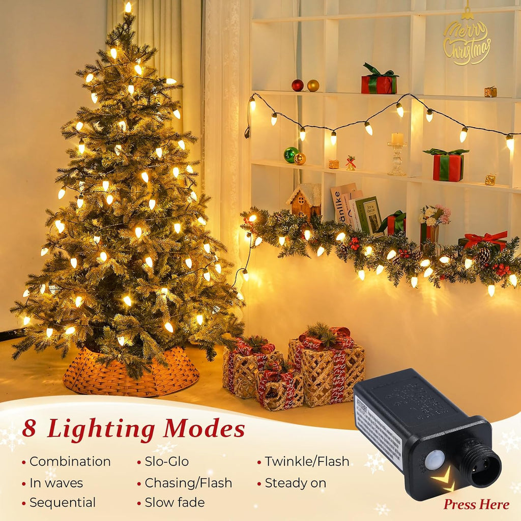 100 LED C9 Christmas Lights Outdoor: 66 FT 8 Modes Plug in Connectable C9 Warm White Christmas Lights for Tree Roof
