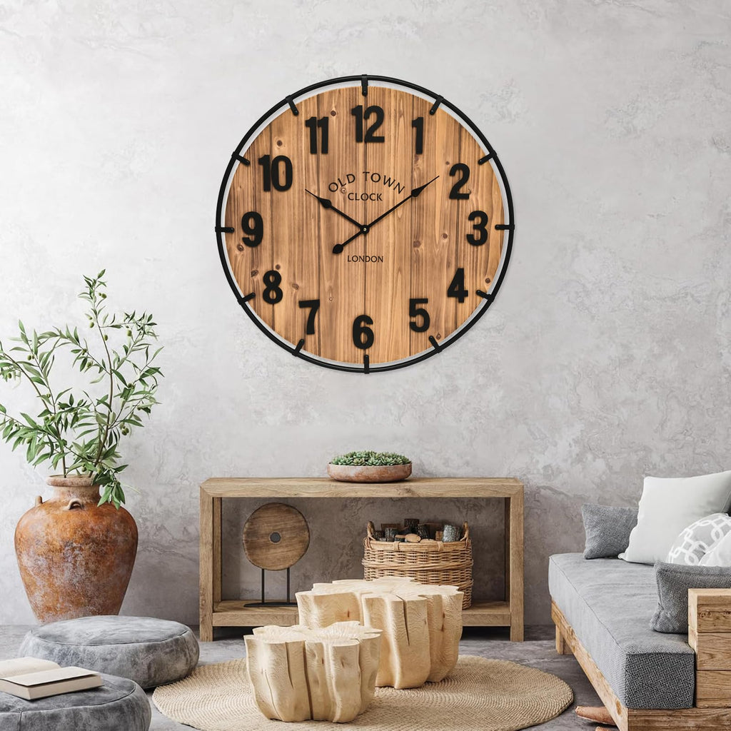 30 Inch Farmhouse Wall Clock Large Old Town Vintage Rustic Wooden Clock with Metal Rim and Large Numerals, Silent