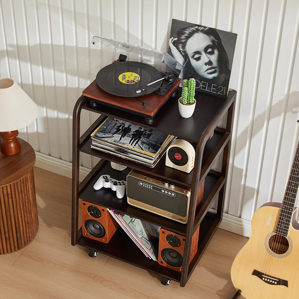 Solid Wood AV Media Stand, 4-Tier Audio Rack with Lockable Casters