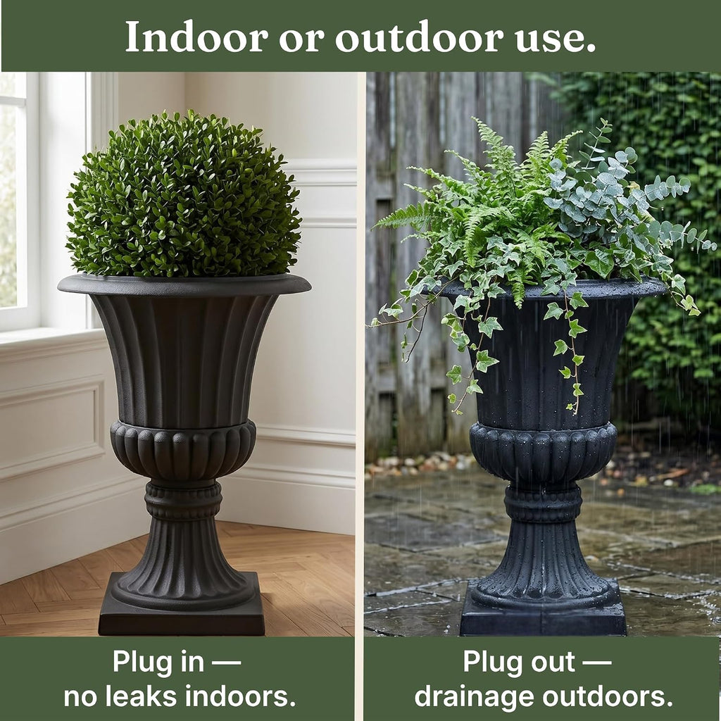 Urn Planters 22", Set of 2, Tall Stone-Resin Pedestal Planters for Outdoor Plants, Large Front Porch Decor, Patio
