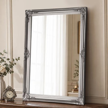 Vintage Silver Wall Mirror, 40"x28" Antique Baroque Mirror Wood Frame