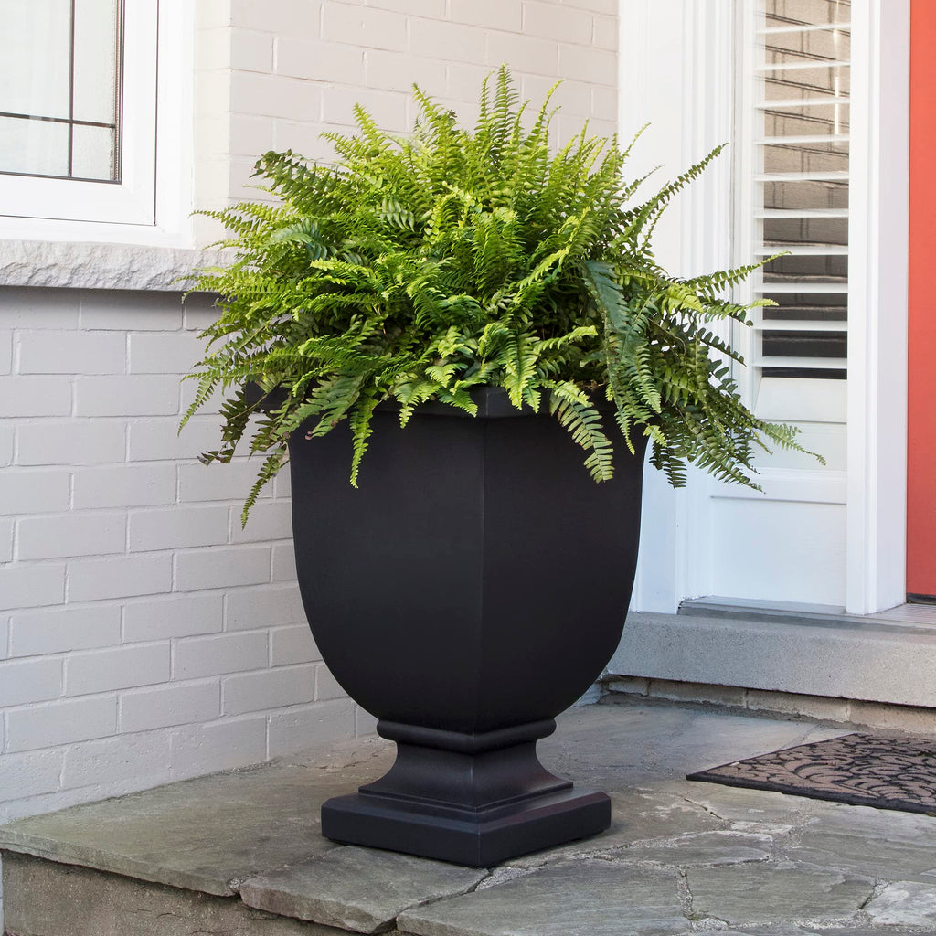Augusta 26in Self-Watering Tall Square Urn Planter, Black