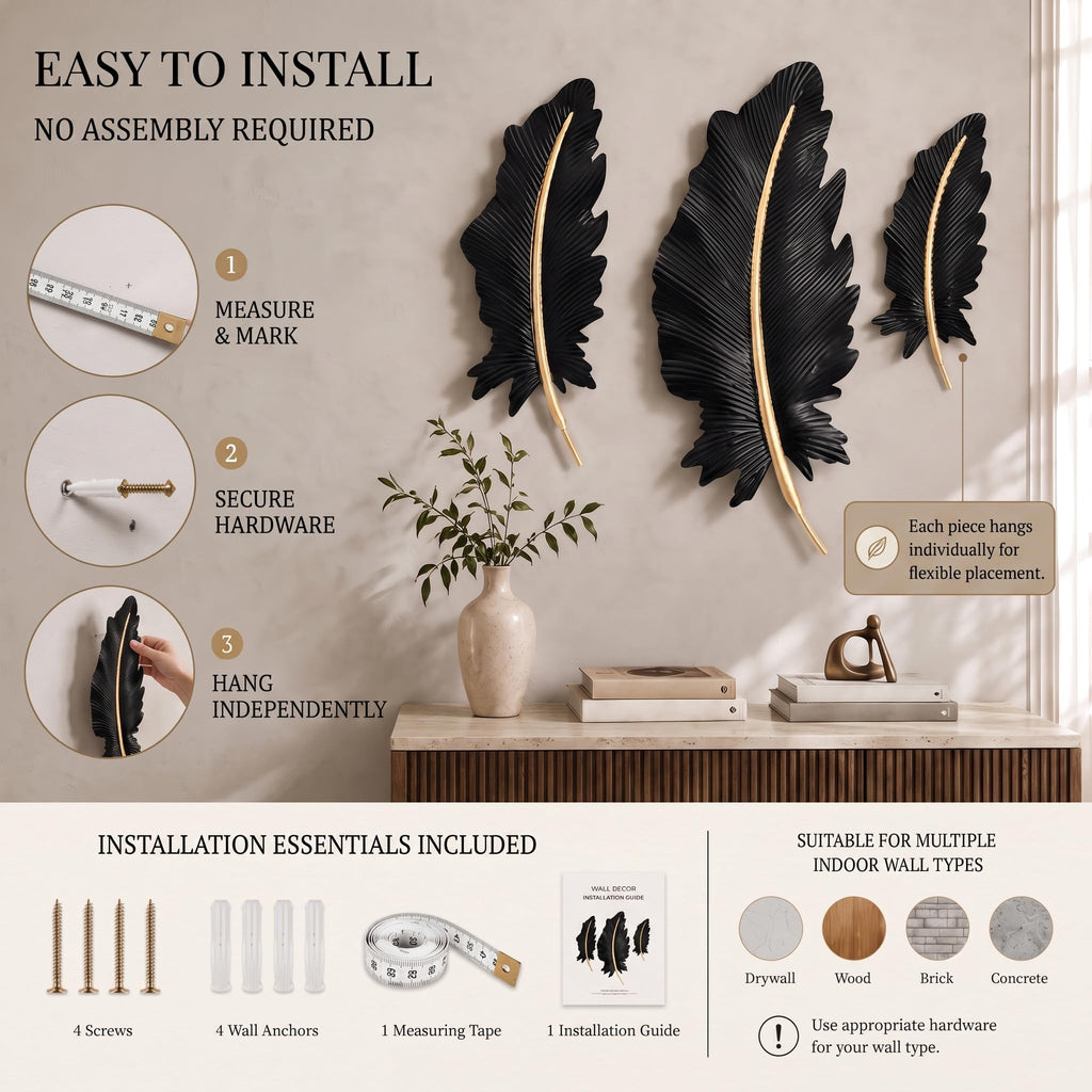 3-Piece 3D Metal Feather Wall Decor Set, Black & Gold
