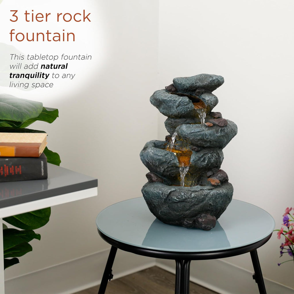 14" 3 Tier Rock Fountain with LED Lights, Elegant Cascading Water Feature for Tabletop, Indoor Decor, Relaxing Stone