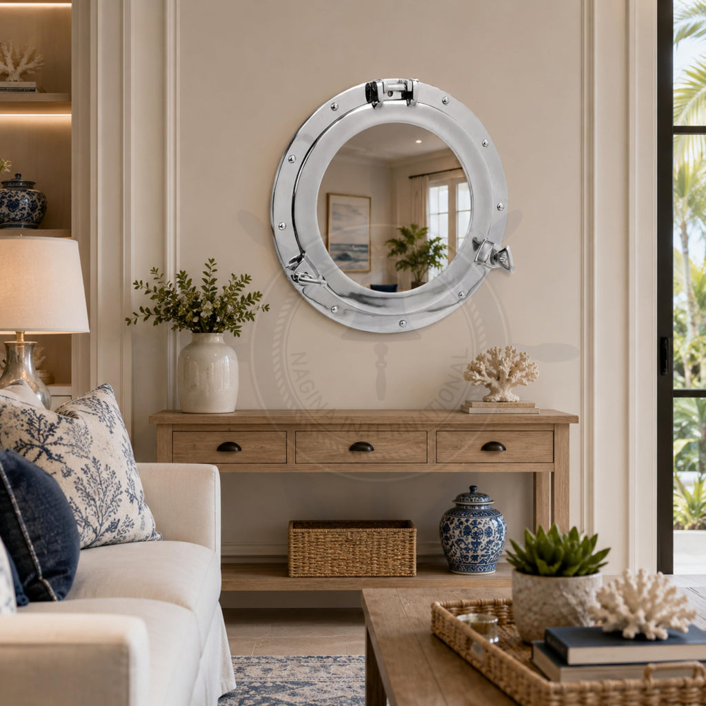 Metal Crafted Nickel Plated Aluminum Porthole Bathroom Decor Mirror (15 Inches)