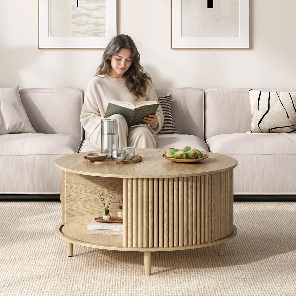 31.5" Round Coffee Table with Storage, Natural Oak