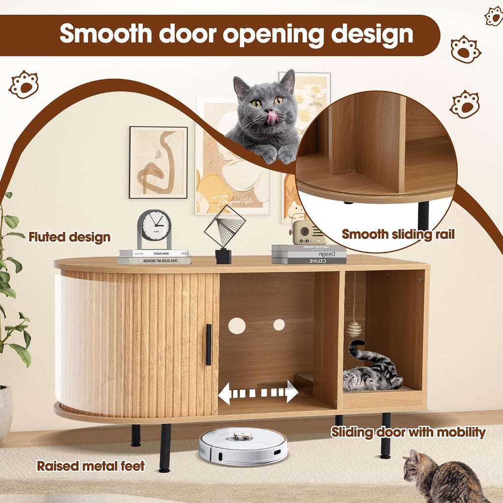 Fluted Cat Litter Box Enclosure, 37.4" Large Hidden Litter Box Furniture, Wooden Litterbox Cabinet with Cat Scratch