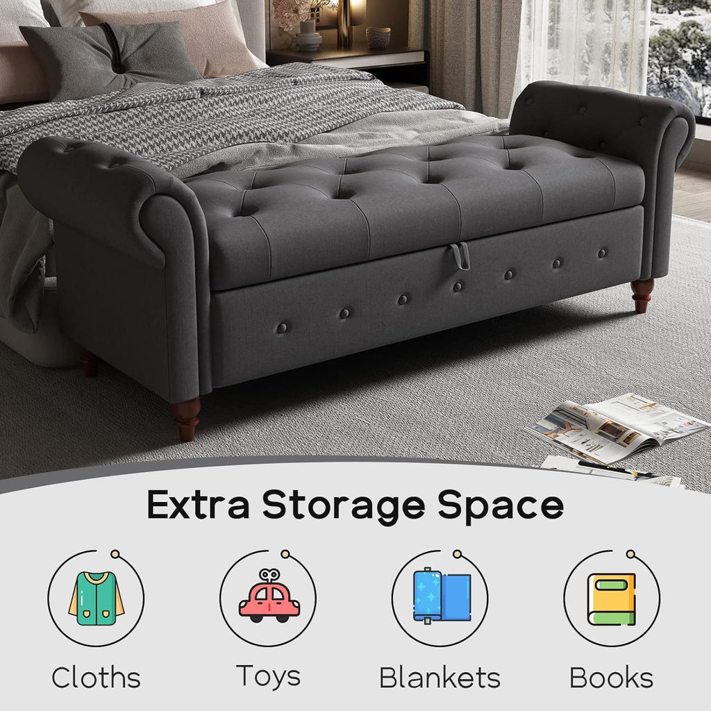 63'' Storage Ottoman Bench, Tufted Entryway Bench Grey Polyster | Button Tufted End of Bed, Large Storage Space