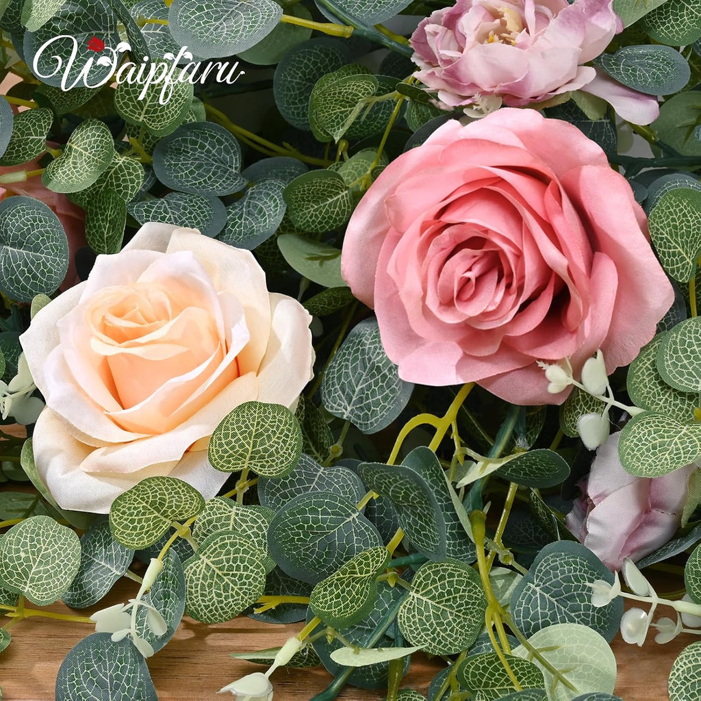 Artificial Flower Garland Decorations, 12.14Ft Eucalyptus Greenery Vines with Pink Roses for Wedding Table - Set of 2