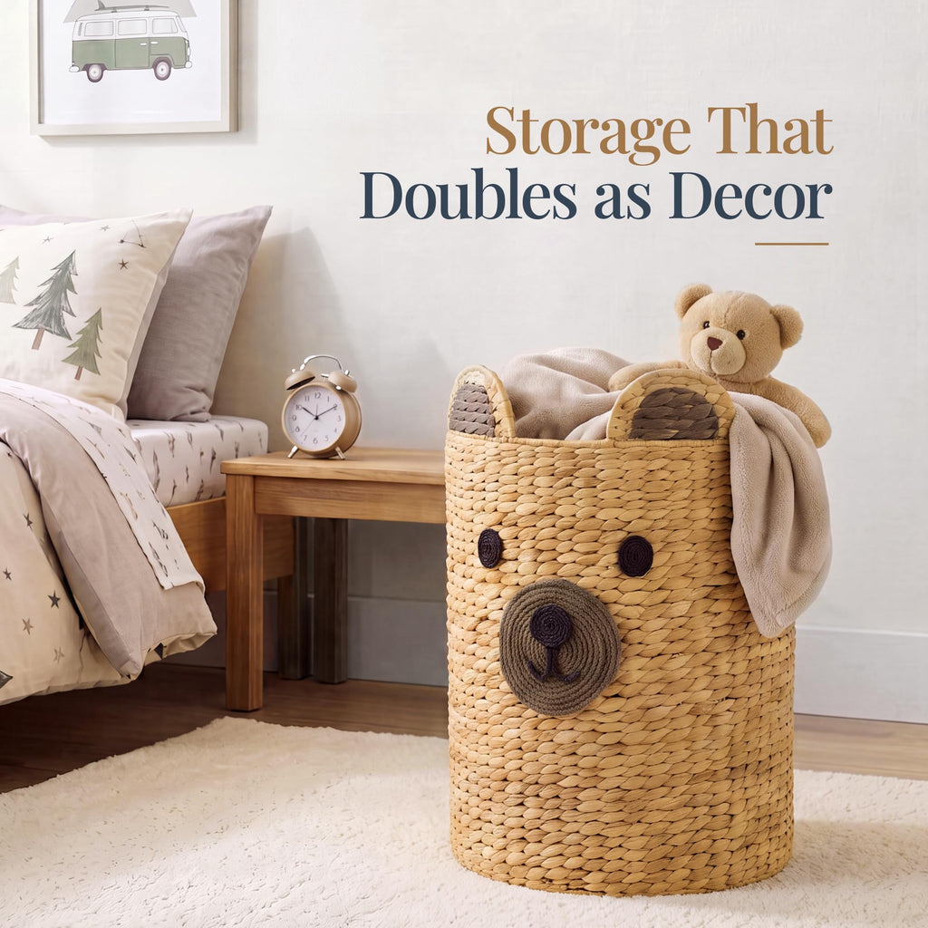 Kids Large Bear Laundry Hamper, Handwoven Water Hyacinth Laundry Basket, Nursery & Kids' Room Storage Basket For