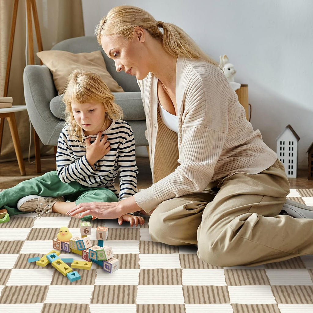 Checkered Brown Area Rug Washable Large Living Room Rug Geometry Neutral Line Non-Slip Soft Bedroom Carpet