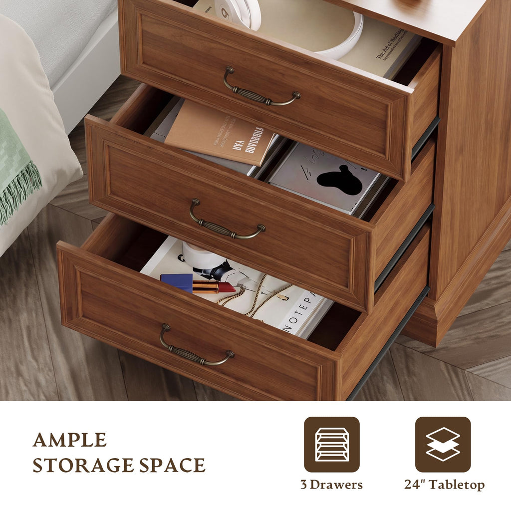 Farmhouse 3 Drawers Dresser, 24" Wide Modern Chest of Drawers with Deep Drawers & Bar Handles, Rustic Wood