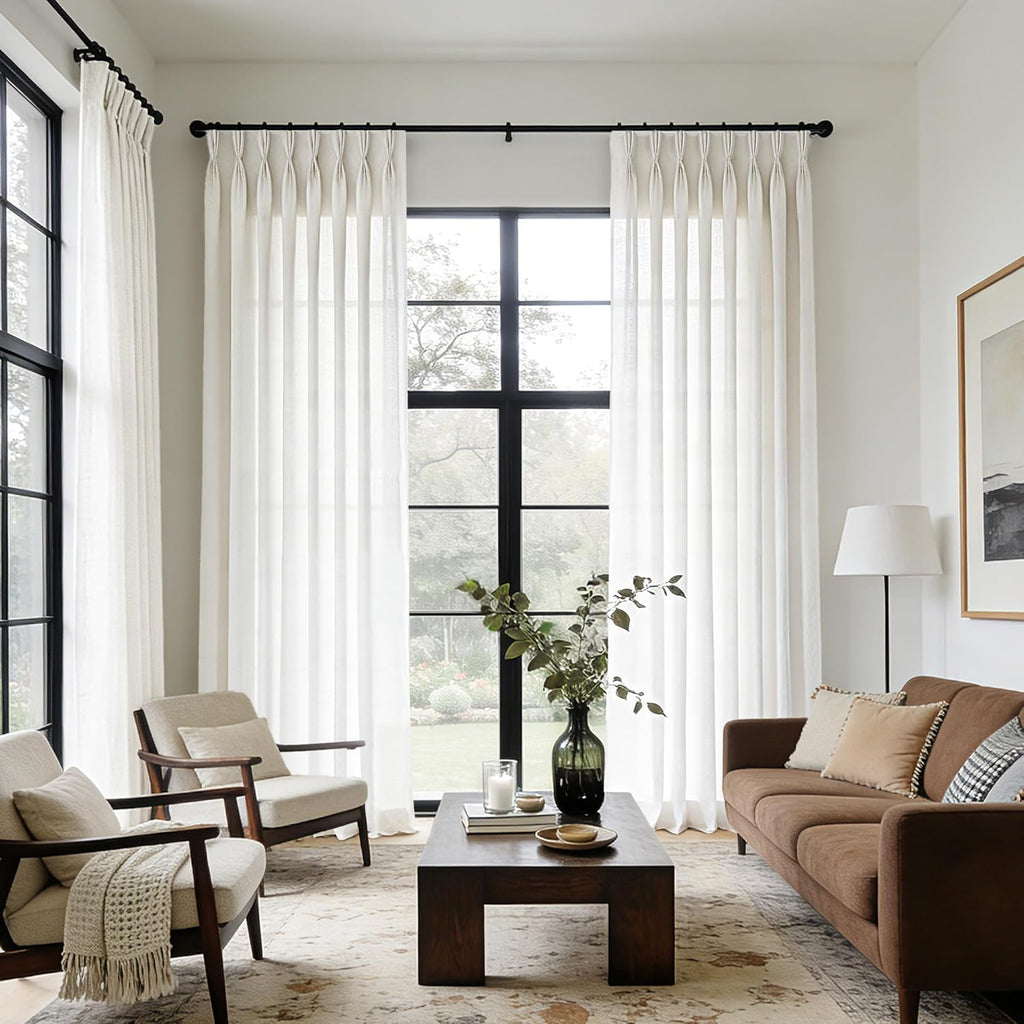 102 inch Long Pinch Pleat Linen Curtains 2 Panels Set for Living Room Sliding Door Natural Cream Light Filtering Semi