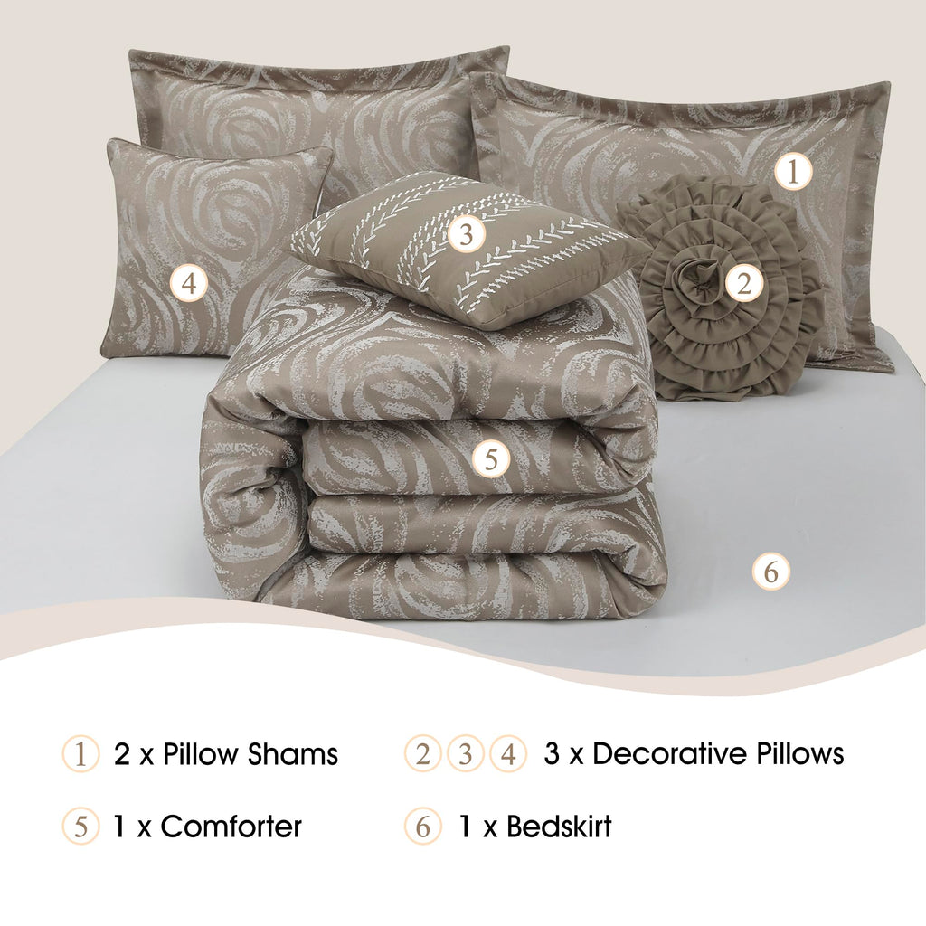Taupe Comforter Set, 7 Pieces Jacquard Bedding Set, Floral Design, All Season, Matching Bedskirt, Pillows &