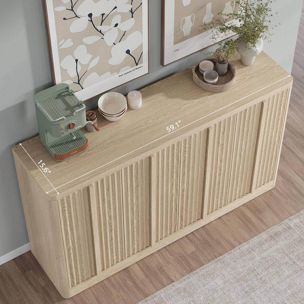 Fluted Buffet Cabinet with Storage, 120" Sideboard Buffet Storage Cabinet with 8 Doors & Adjustable Shelves, Wood
