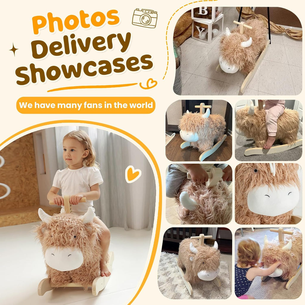 Baby Rocking Horse for 1 Year Old,Wooden Cow Animal Rocker Ride-on Toy Plush Wooden Rocking Toy Playroom Indoor