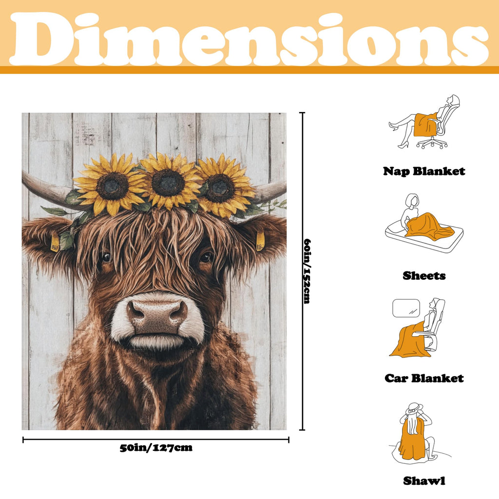 Highland Cow Sunflower Blanket, Rustic Farmhouse Throw, 60''x 50''