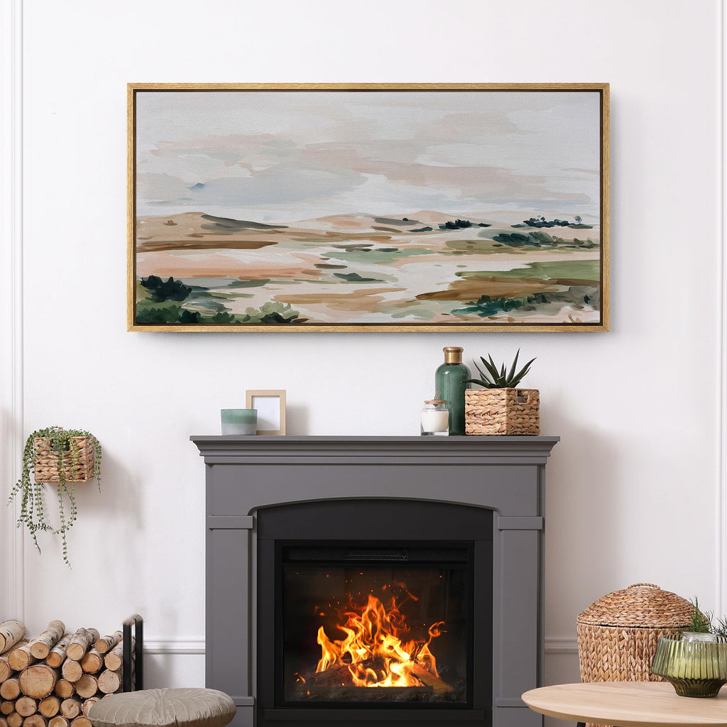 Extra Large Framed Canvas Print Wall Art Soft Abstract Desert Landscape Illustrations Modern Art Calm Warm - 60"" x30