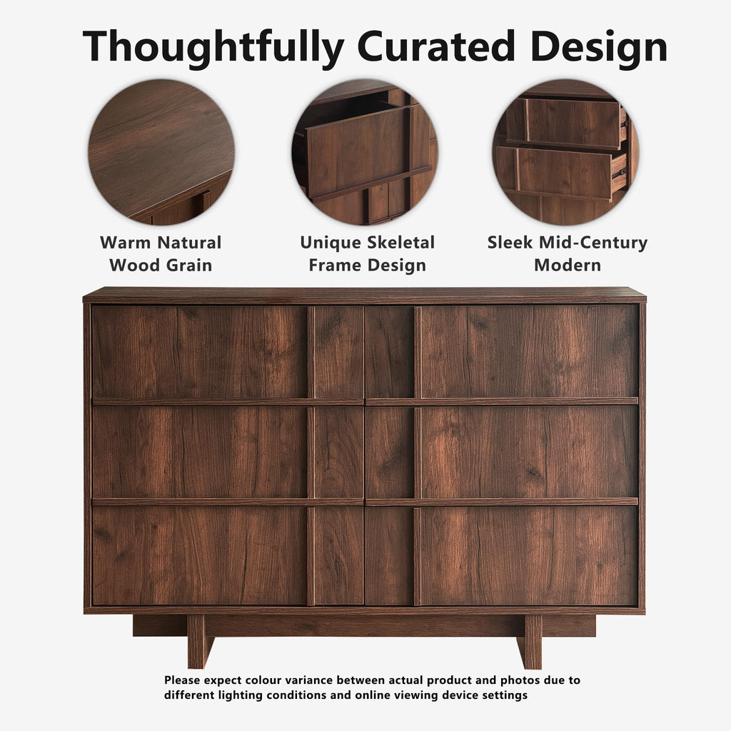 47.2" 6 Drawer Dresser, Skeleton Lines Design, Walnut
