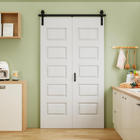 60" x 84" Pre-Assembled 5 Raised Panels Bifold Barn Door, Paintable White Primed Pre-Finished Bi Fol