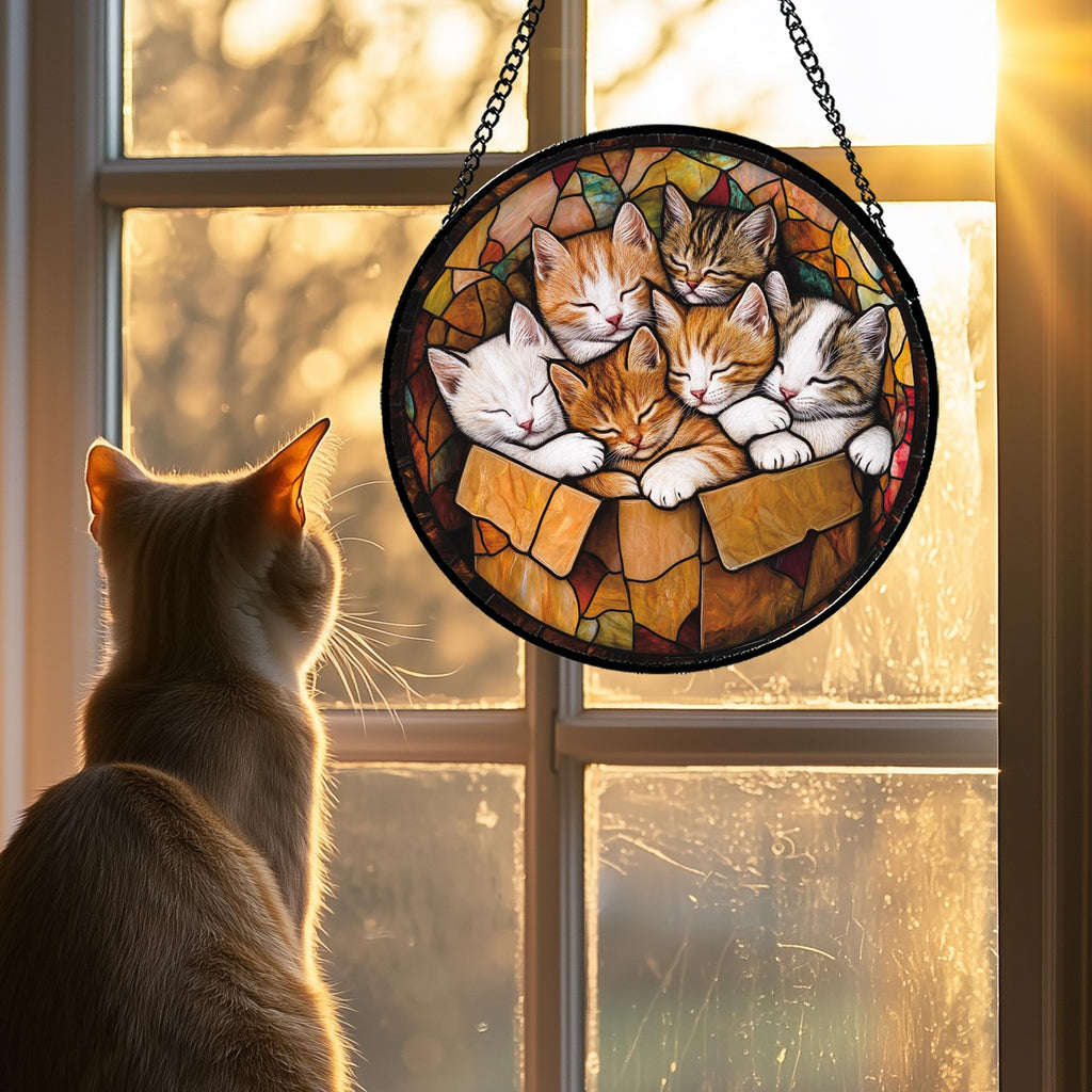 Sleeping Kittens Stained Glass Window Hanging Suncatcher Gifts 15"