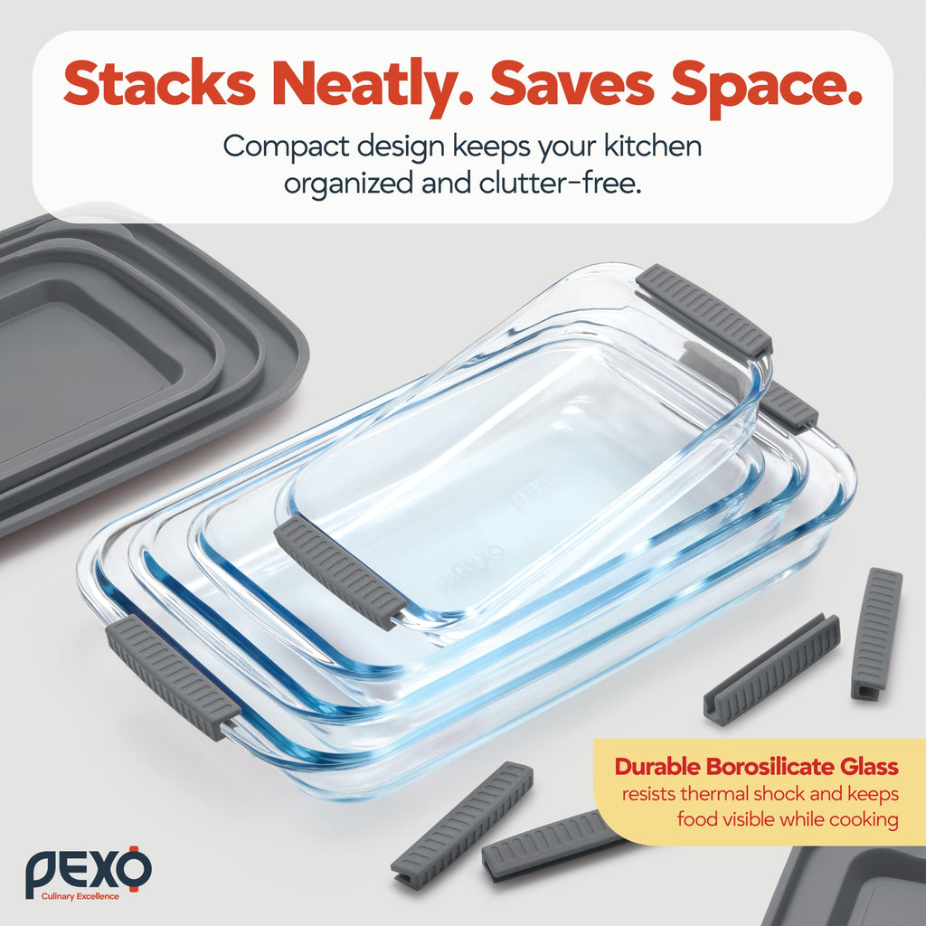8 Piece Glass Baking Dish Set with Lids, BPA Free, With Easy Grip Slide On Silicone Handles (1.06QT, 1.69QT, 2.32QT
