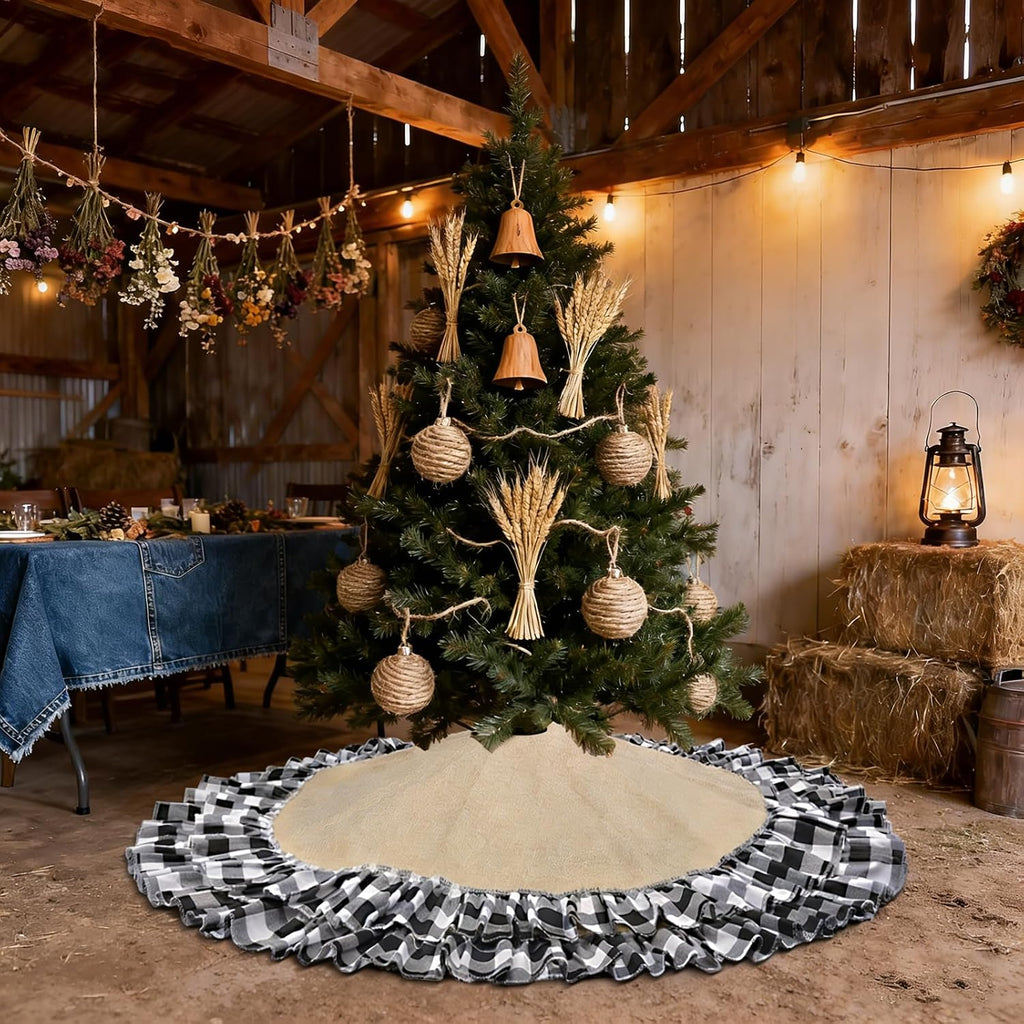 Burlap Halloween Tree Skirt, 48'' Buffalo Plaid Black and White Decorations