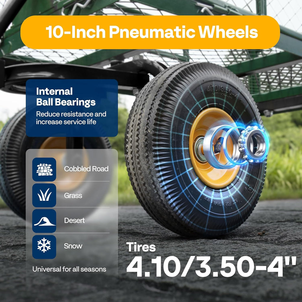 Heavy Duty 880 Lbs 4.5 Cu Ft Mesh Steel Garden Cart Utility Wagon | Removable Sides and 4.10/3.50-4" Wheels 10 inch