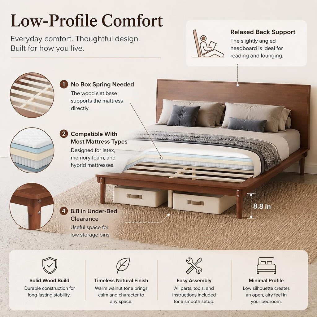 Wood Bed Frame with Headboard & 8.8" Under Bed Storage