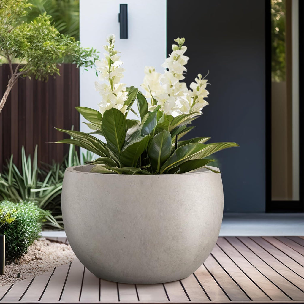Large Round Bowl Weathered Concrete Planter 20" Dia, Outdoor | Rubber Plug for Indoor, Drainage for Garden