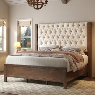 Solid Wood Queen Bed Frame, 57" Tall Farmhouse Platform Beds, Upholstered Line Wingback Headboard, Deep Button
