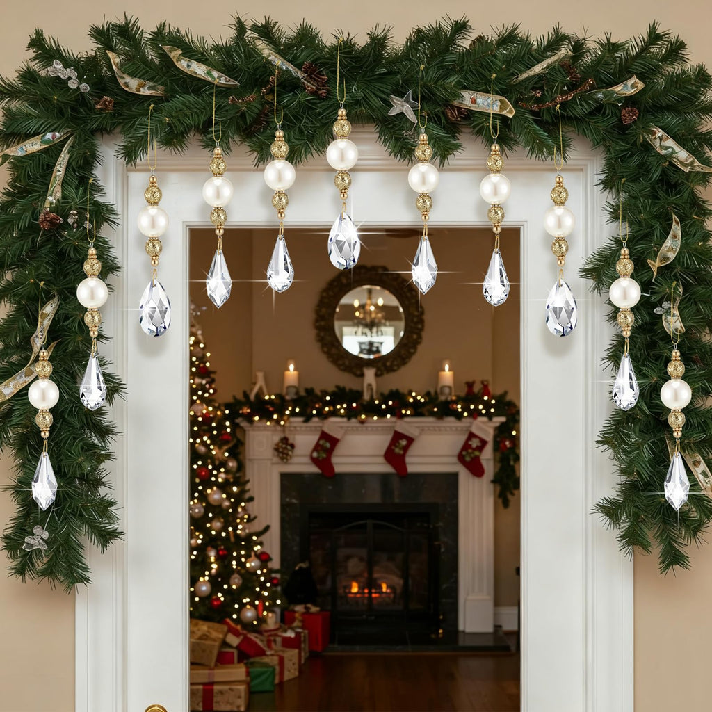 12 Pcs Pearl and Crystal Drop Ornaments for Christmas Tree Decor
