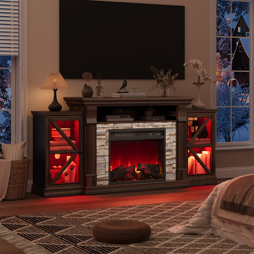 Electric Fireplace TV Stand, 70" Farmhouse Entertainment Center with Open Shelf and Glass Barn Door Cabniet, Modern