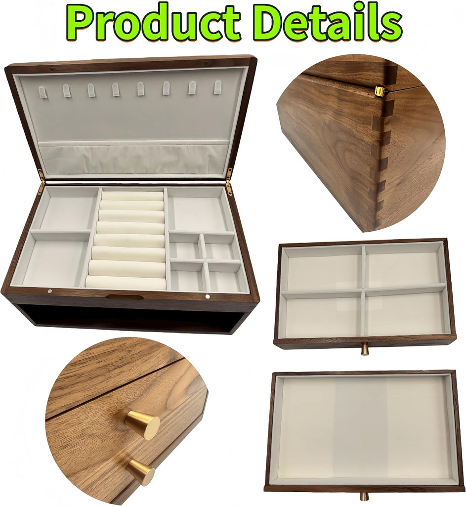 Black Walnut Jewelry Box, Handcrafted 3-Tier Jewelry Organizer