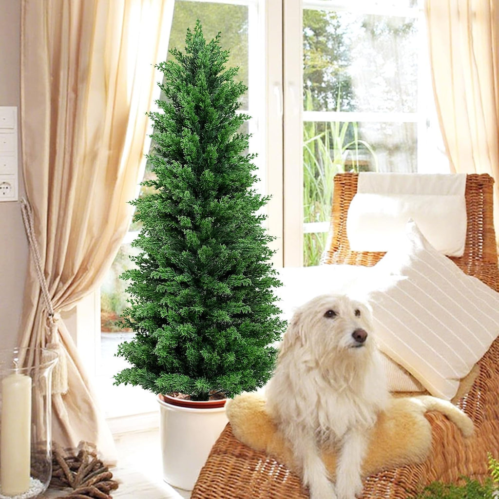 Artificial Cedar Topiary Trees Christmas Topiary Outdoor, 4ft Fake Shrubs Potted Plants Realistic Faux Cypress