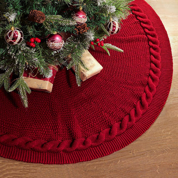 48 Inch Christmas Tree Skirt: Cable Knit Tree Skirt for 7.5FT Tree, Wine Red Tree Skirt, Vintage Tree Skirts, Rustic