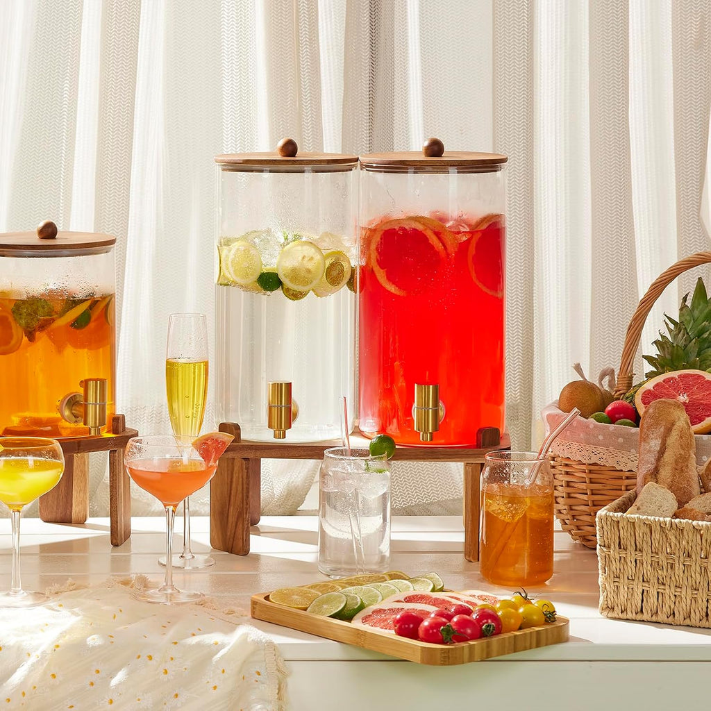 1.5 Gallon Drink Dispenser: 2P Glass Dispenser w/Wood Stand - Set of 2