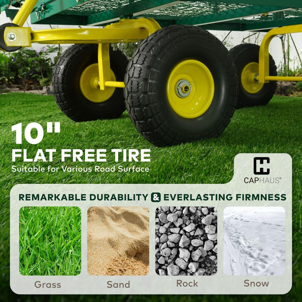 Metal Green Garden Cart, w/ 180° Adjustable Yellow Handle, w/Mat and Strap, Heavy Duty 880 lbs Capacity, w/ 10"