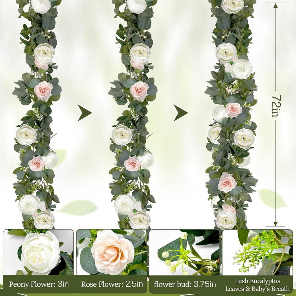 Eucalyptus Garland Flower Garland , 6FT Pink Peony Rose, Artificial Faux Eucalyptus Leaves Greenery Vines - Set of 2