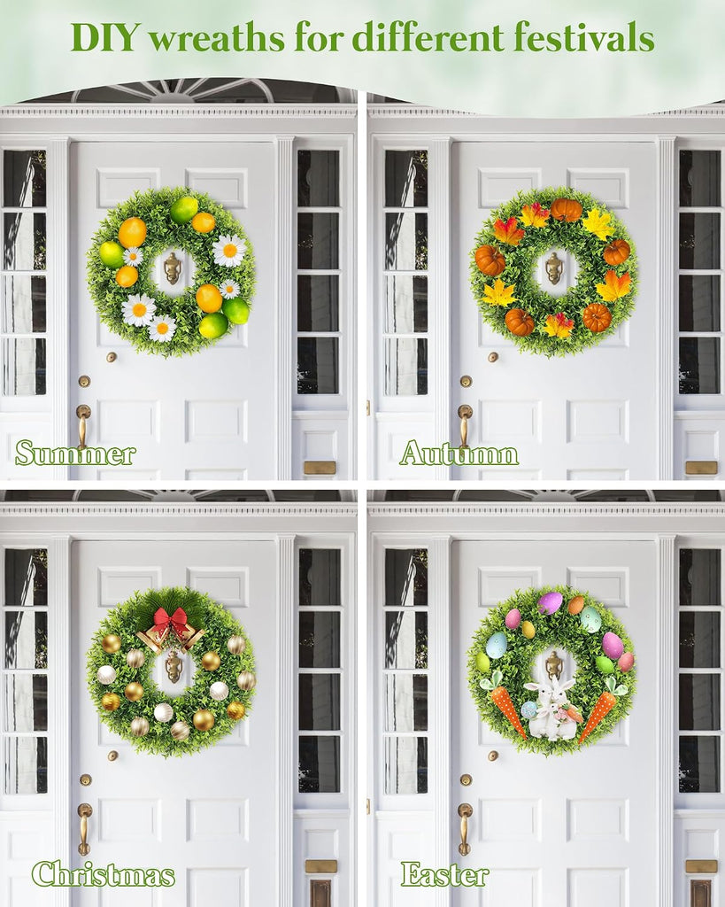 22 Inch Artificial Boxwood Wreaths for Front Door with Sash Outdoor Summer Wreath for Front Door, Spring Green Wreath