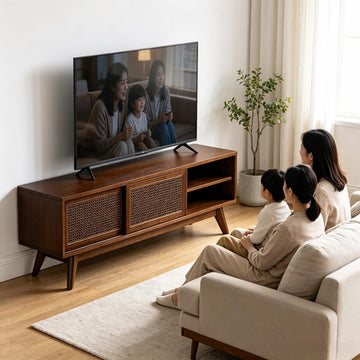 59" Mid Century Rattan TV Stand Dark Wood Media Console for 65 Inch TV Rattan Doors Solid Wood Feet Living Room