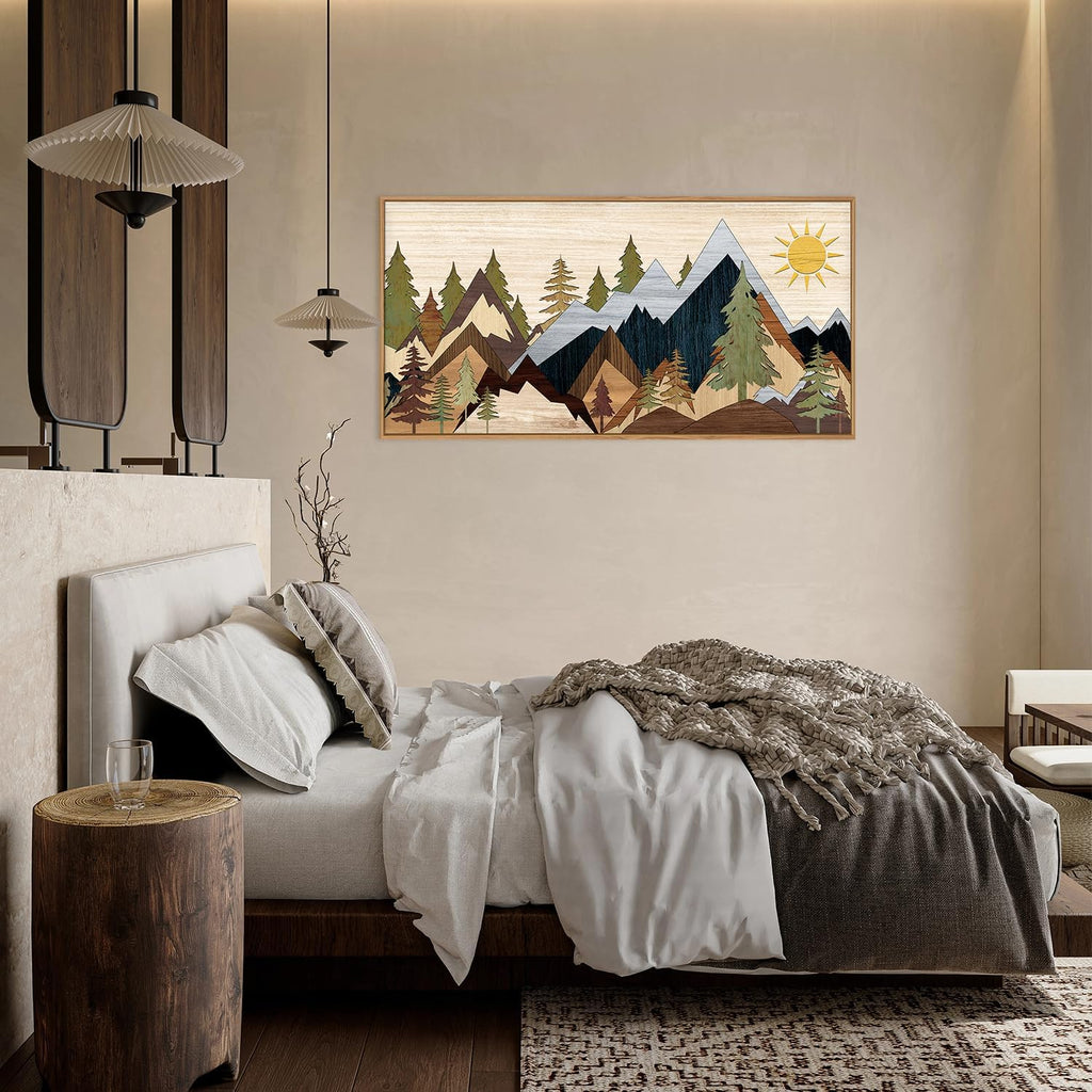 Mountain Pine Tree Framed Canvas Wall Art Set, Nature Wilderness Illustration Wall Decor, Woodcut Forest Wall